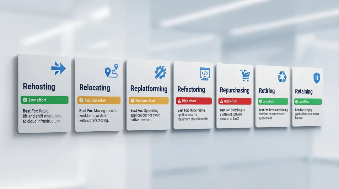7Rs cloud migration strategies framework comparison table with effort levels and use cases