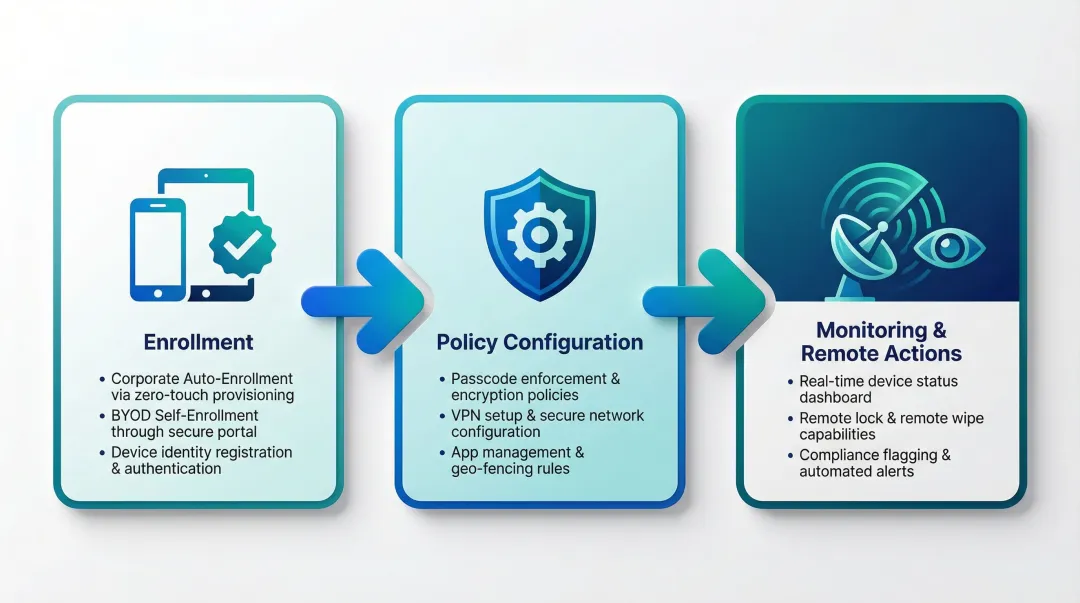 MDM enrollment policy monitoring and remote action workflow process flow