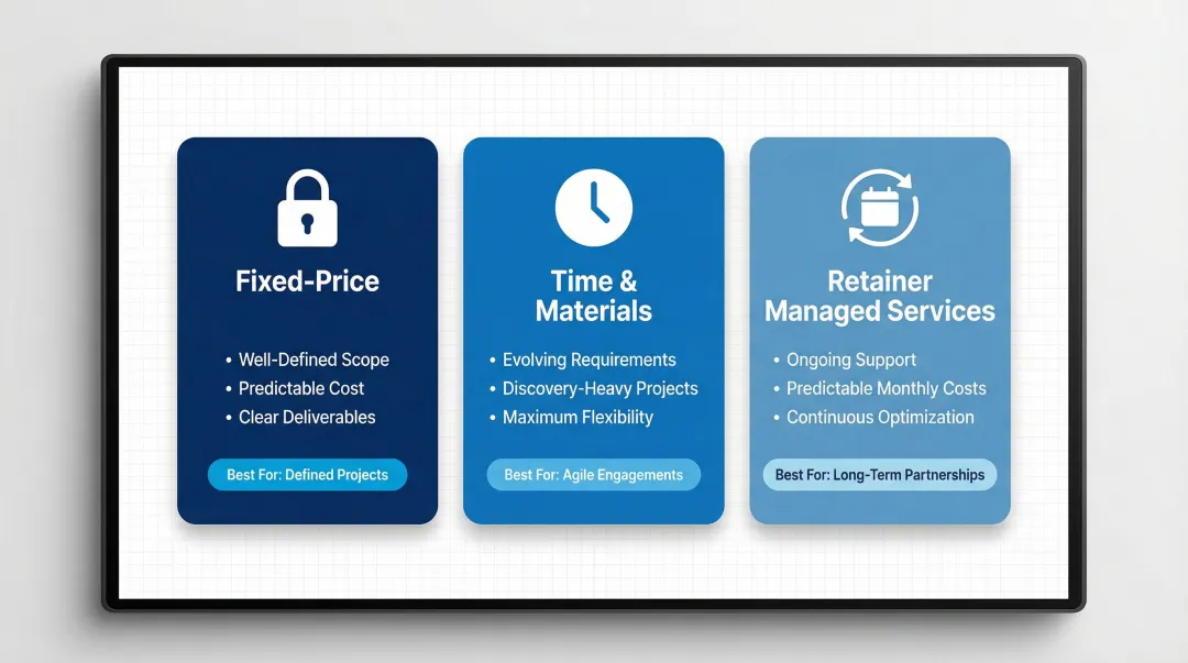 Three Salesforce consulting engagement models fixed-price time-materials and retainer comparison