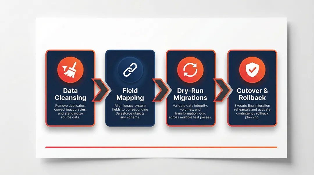 Four-phase Salesforce data migration process flow from cleansing to cutover