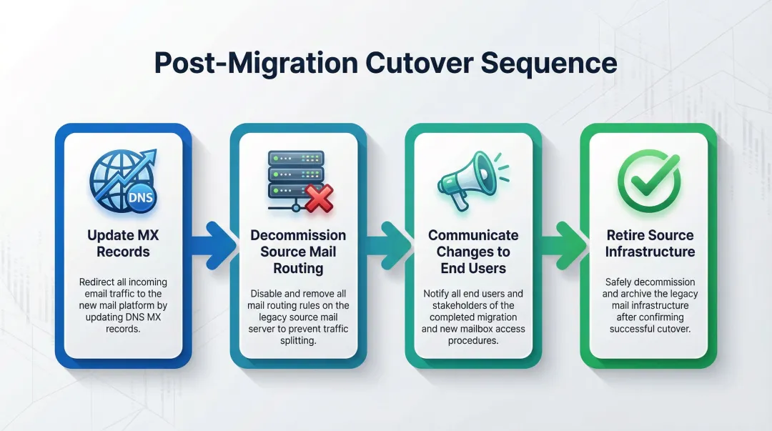 Four-step Office 365 migration cutover sequence from MX update to infrastructure retirement