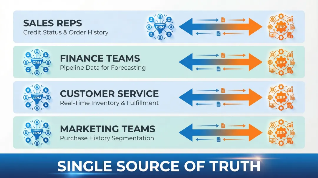 CRM and ERP integration benefits showing four connected department data flows