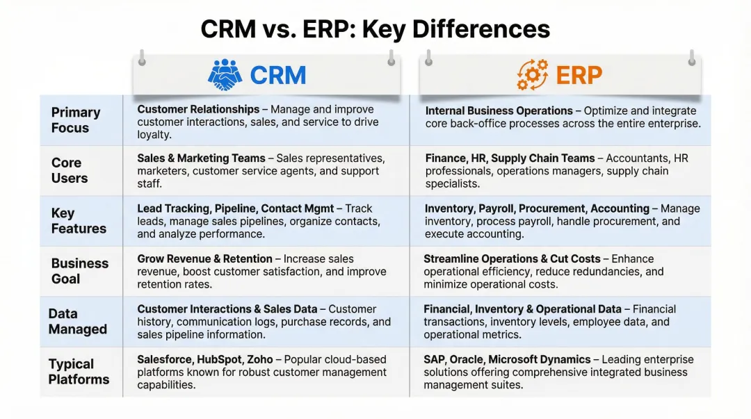 CRM versus ERP side-by-side comparison infographic key business dimensions