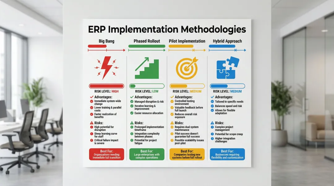 Four ERP implementation methodologies comparison with advantages risks and best fit