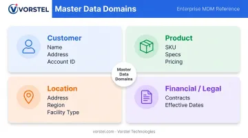 Four master data domains customer product location and financial with key attributes