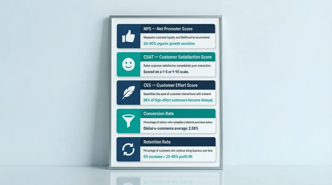 Five key DCX metrics NPS CSAT CES conversion rate retention explained infographic