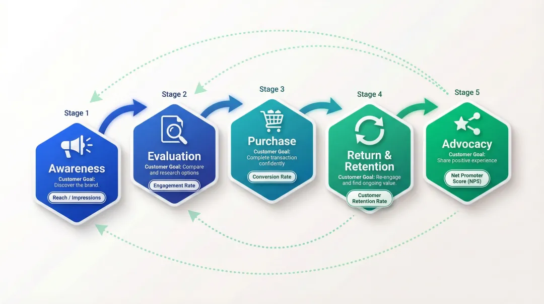 5-stage digital customer experience journey from awareness to advocacy flow diagram