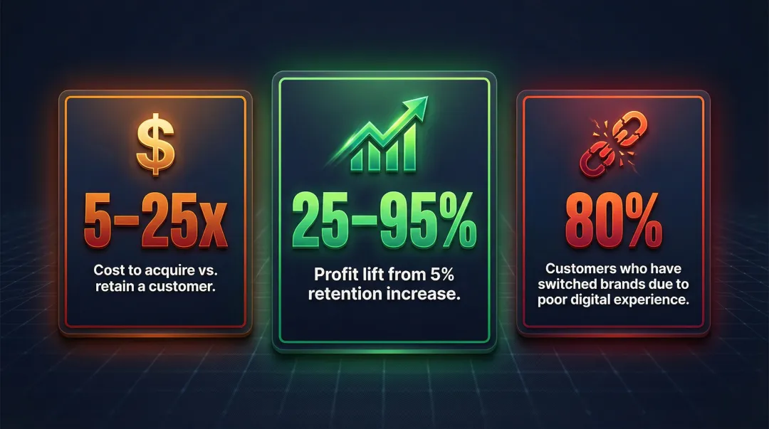Customer retention versus acquisition cost statistics comparison infographic with data points