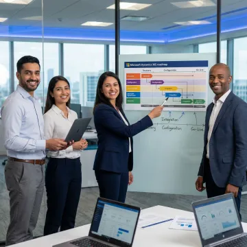 Dynamics 365 consulting team walking through an implementation roadmap on a whiteboard