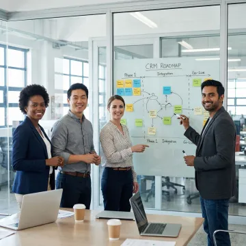 CRM implementation team collaborating on a phased rollout plan