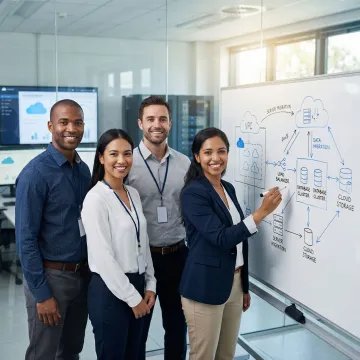 Cloud migration team collaborating on a step-by-step infrastructure transition plan in a modern office