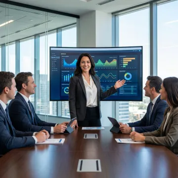 Analytics consultant presenting data dashboards and AI-driven insights to a business team