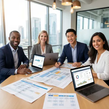 SAP consulting team collaborating on enterprise transformation strategy in a modern conference room