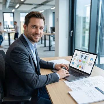 Data migration consultant reviewing data transfer diagrams on a laptop in a modern office