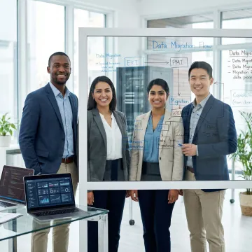 IT consultants collaborating on a data migration project using a whiteboard and laptops