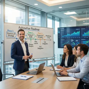 Automation consultant presenting a step-by-step workflow implementation plan to a business team