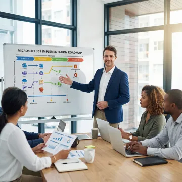 IT consultant walking a business team through Microsoft 365 onboarding steps on a whiteboard