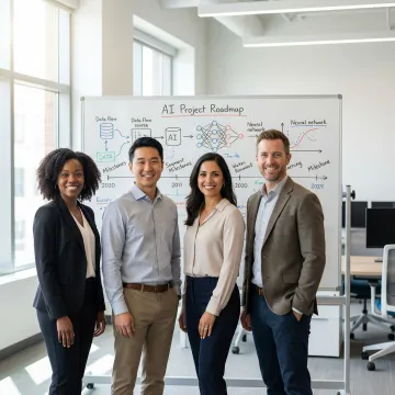 AI consulting team collaborating on a machine learning project roadmap on a whiteboard