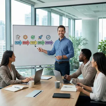 DevOps consultant presenting a strategic roadmap on a whiteboard to a team