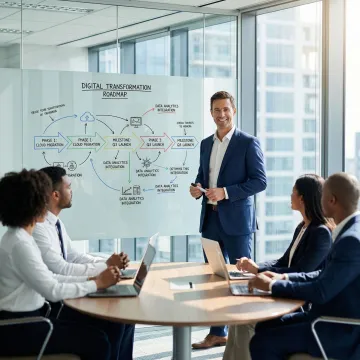 Digital consultant presenting a strategic technology roadmap to a business team
