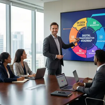 Digital consulting team reviewing platform architecture and transformation roadmap