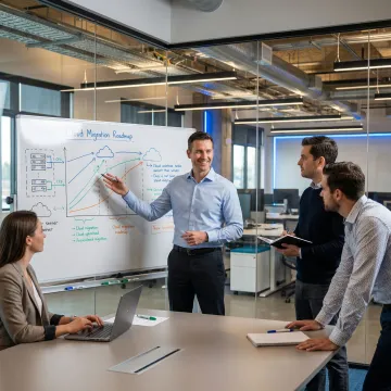 IT consultant presenting a workload migration roadmap on a whiteboard