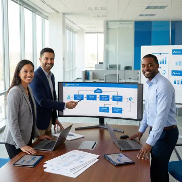 Cloud migration process flow diagram displayed on a large screen in a tech consulting office