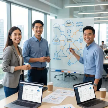 DevOps team reviewing AWS cloud architecture and deployment pipeline on a whiteboard
