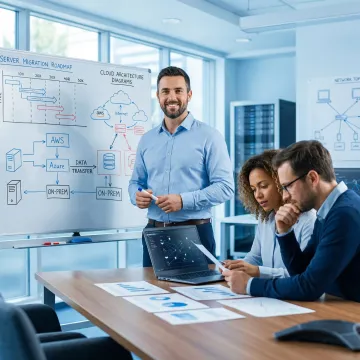 IT consultant presenting a server migration roadmap on a whiteboard