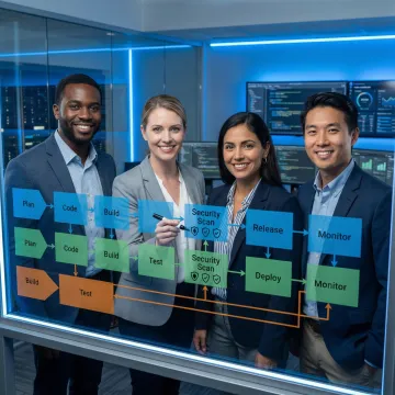 DevSecOps team collaborating on a secure deployment pipeline workflow diagram