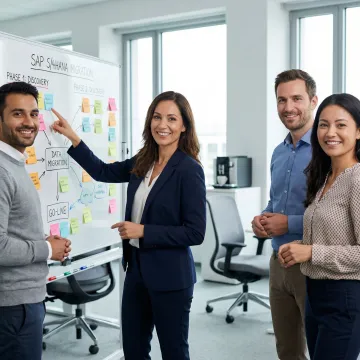 SAP HANA implementation team collaborating on a structured consulting process using whiteboards and laptops