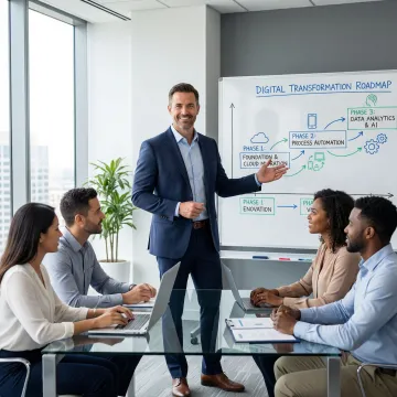 Technology transformation process diagram showing phased implementation steps on a whiteboard
