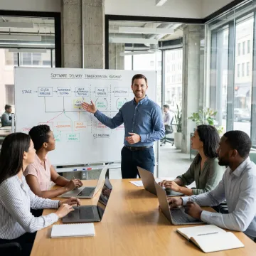 DevOps consultant presenting a phased transformation roadmap on a whiteboard with engineering team