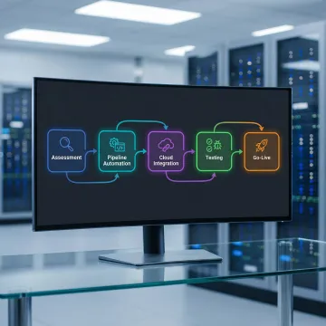 DevOps implementation process diagram showing pipeline stages from planning to deployment