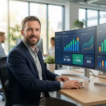 Business intelligence dashboard displaying analytics charts and KPI metrics on a modern screen