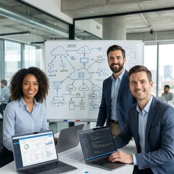 Cloud migration process steps illustrated with engineers reviewing a digital roadmap on large monitor