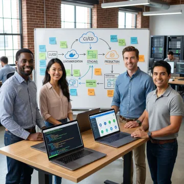 DevOps team collaborating on cloud infrastructure planning and pipeline setup on a whiteboard