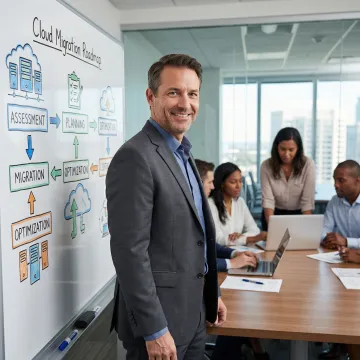 IT consultant presenting a phased cloud migration roadmap on a whiteboard to a team
