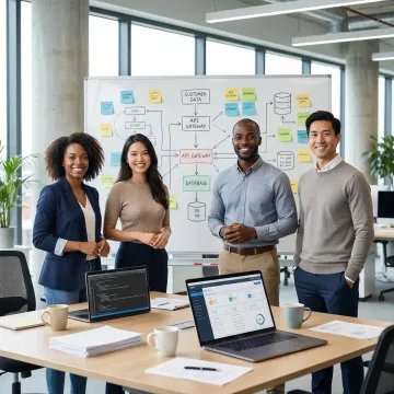CRM development team working through a structured software build process on whiteboards and laptops