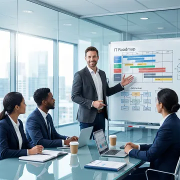 IT consultant presenting a phased technology roadmap to business stakeholders