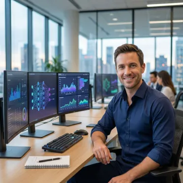 AI implementation consultant working with data dashboards and machine learning interfaces