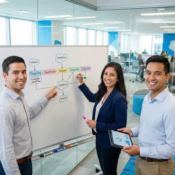 Salesforce consulting team collaborating on a whiteboard process map for CRM implementation