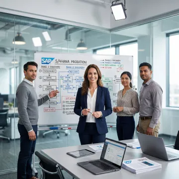 SAP implementation team reviewing Sales Cloud configuration steps on a whiteboard