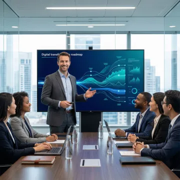 Digital transformation consultant presenting a strategic roadmap to enterprise leadership