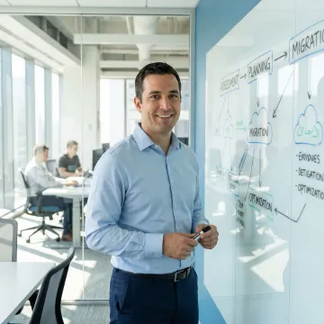 Cloud consultant presenting a multi-step migration roadmap on a whiteboard