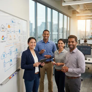 Data engineers and consultants collaborating on cloud analytics pipeline architecture