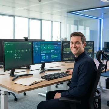 DevSecOps consultant reviewing secure CI/CD pipeline architecture on multiple monitors