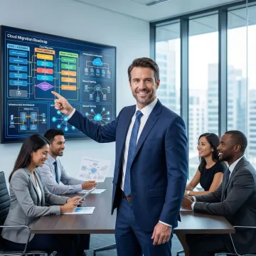 IT consultant presenting a cloud migration roadmap on a digital whiteboard to a business team