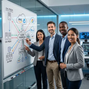 Cloud migration project team reviewing a step-by-step migration roadmap on a whiteboard
