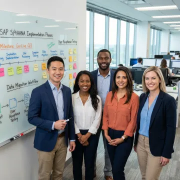 SAP S/4HANA implementation process with team collaborating on project roadmap